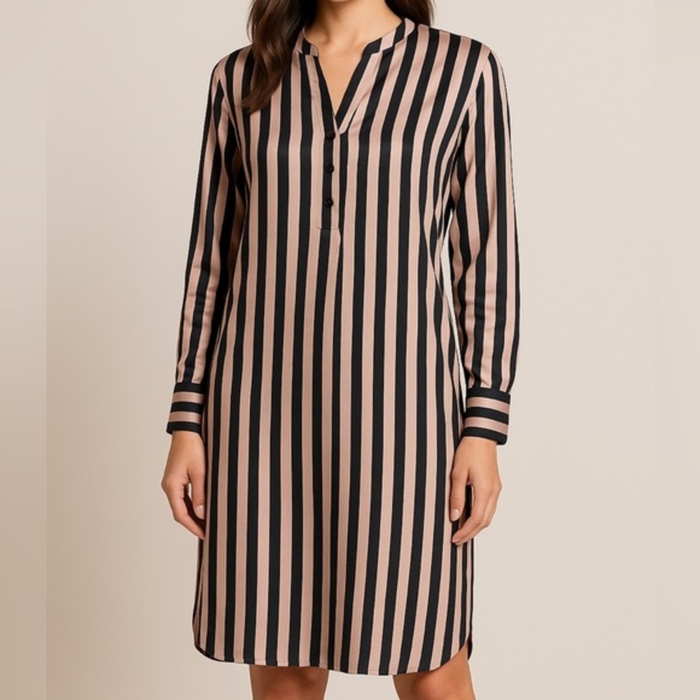 NWT weekend stories black and tan striped satin shirt dress